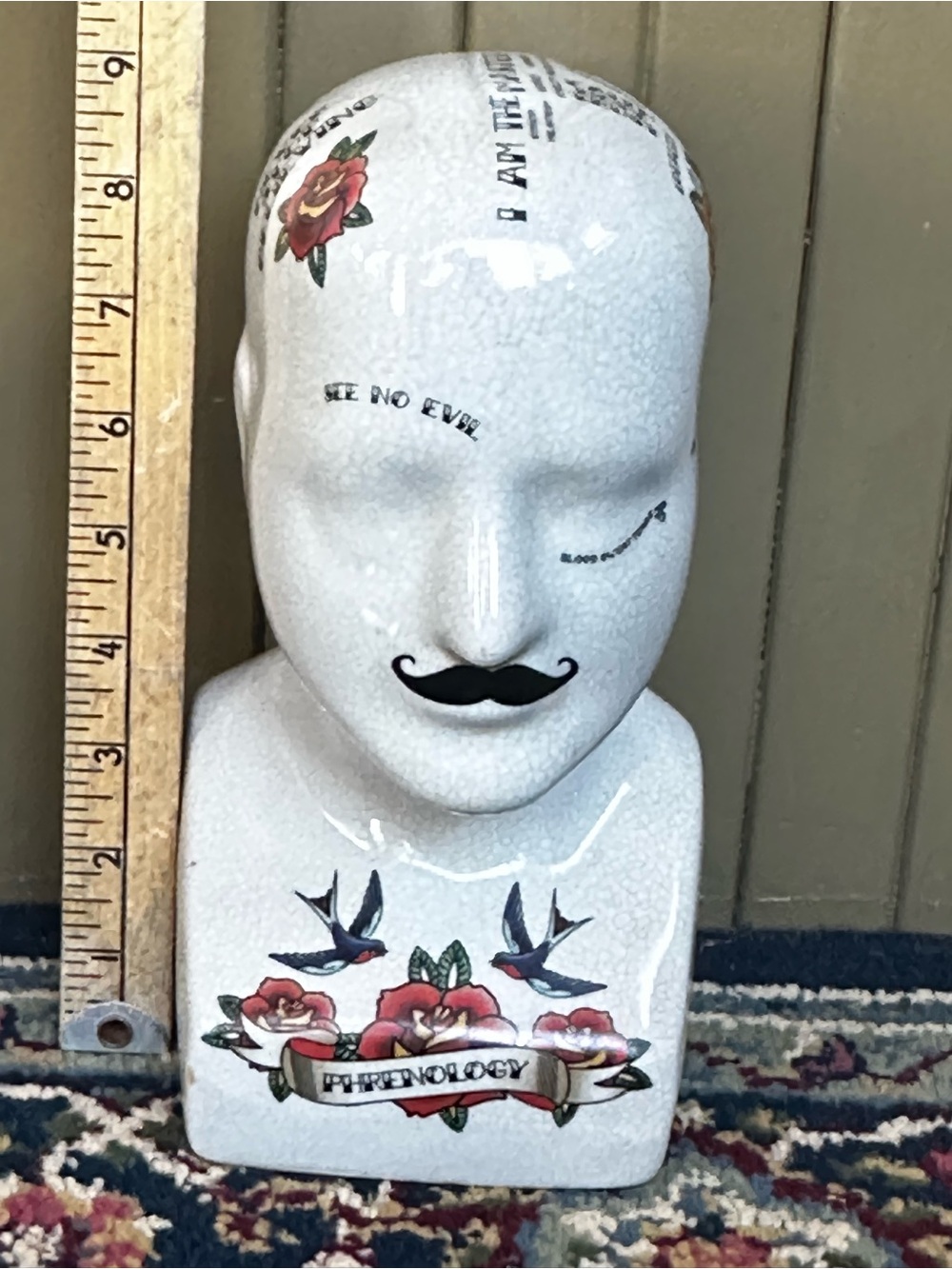 Ceramic Phrenology Bust with Tattoo Motif